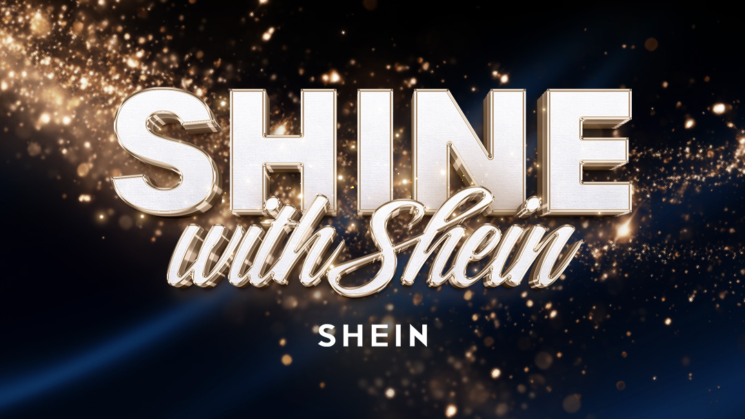 Black and sparkly background with Shine with Shein in bright white writing with the official Shein Logo